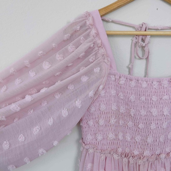 Listicle Medium Sheer Long Sleeve Square Neckline Smocked Bodice Polka Dot Pink - Picture 6 of 12